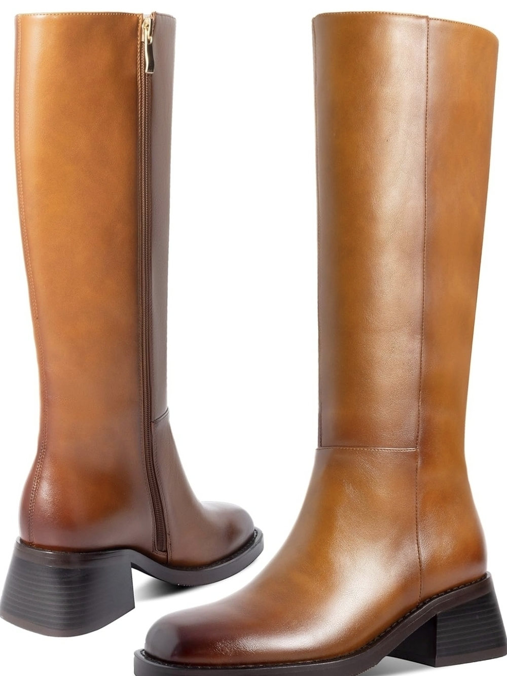 High Boots Women Faux Leather Boots Low Heel Square Toe Side Zipper Fall Long